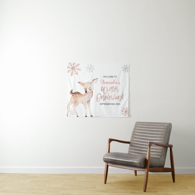 Deer Winter Snowflakes ONEderland Welcome Sign Tapestry (In Situ (Horizontal))