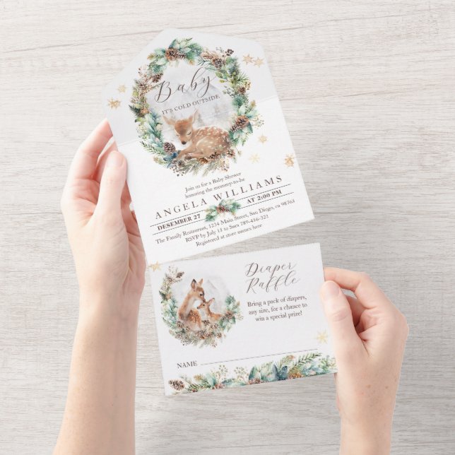 Deer Winter Woodland Cold Outside Baby Shower All In One Invitation (Tearaway)
