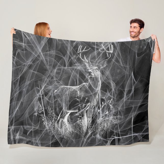 Deer with antlers framed by field and tree   fleece blanket (In Situ)