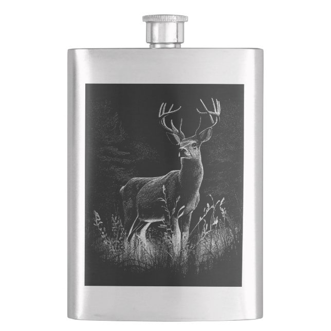 Deer with antlers framed by field and tree     hip flask (Front)