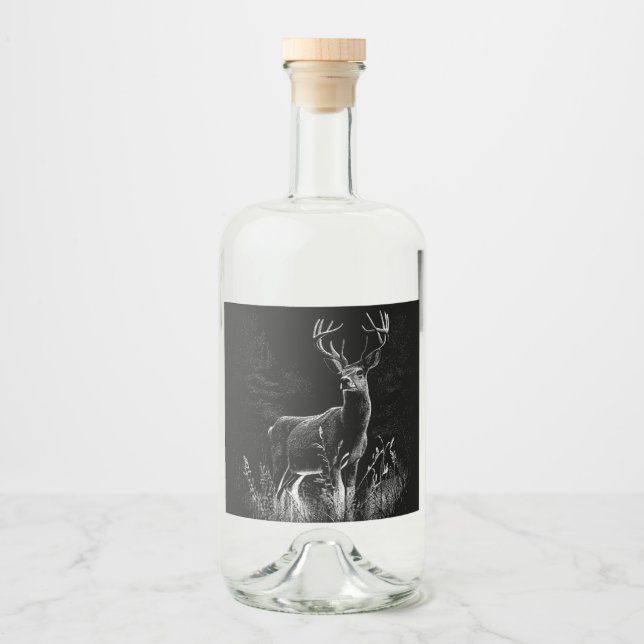 Deer with antlers framed by field and tree        liquor bottle label (Front)