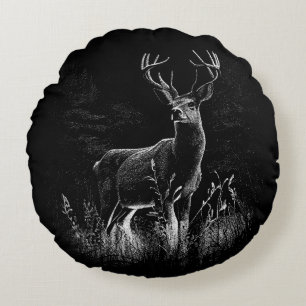Deer with antlers framed by field and tree round cushion