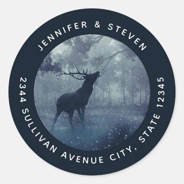 Deer with Antlers in a Shadowy Forest - Address Classic Round Sticker (Front)
