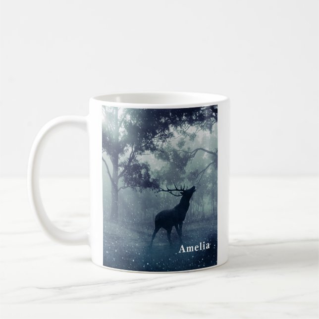 Deer with Antlers in a Shadowy Forest Coffee Mug (Left)