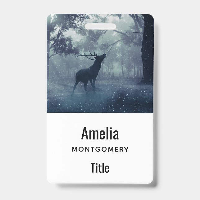 Deer with Antlers in a Shadowy Forest ID Badge (Front)