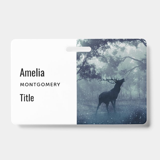 Deer with Antlers in a Shadowy Forest ID Badge (Front)