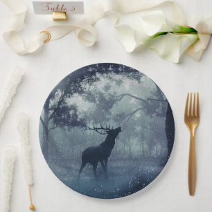 Deer with Antlers in a Shadowy Forest Paper Plate