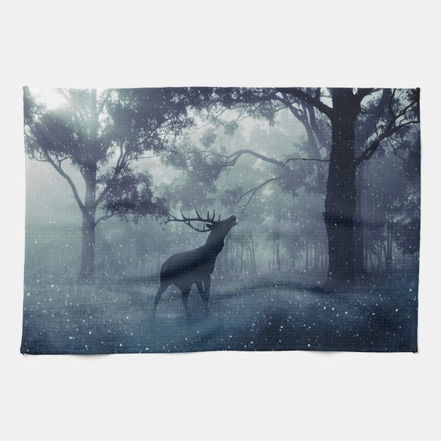 Deer with Antlers in a Shadowy Forest Tea Towel (Horizontal)