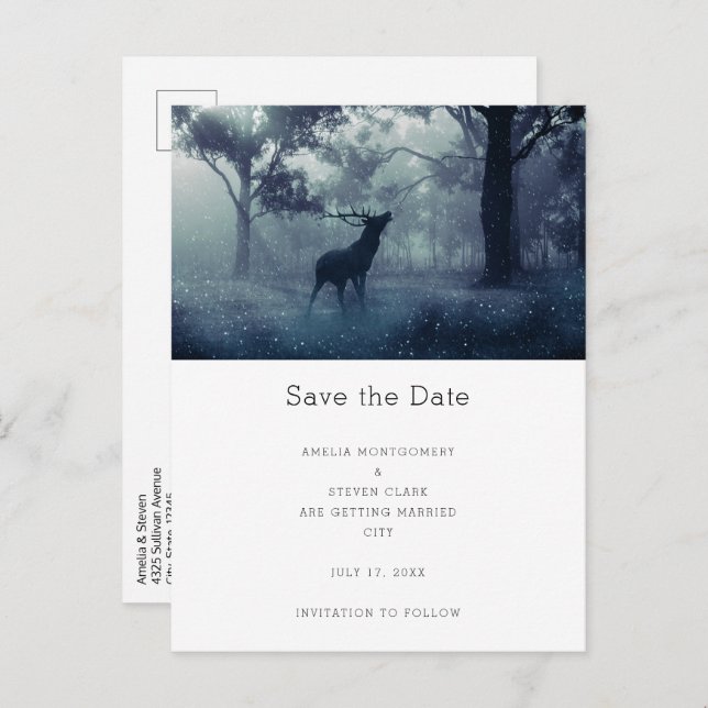 Deer with Antlers in Shadowy Forest Wedding Announcement Postcard (Front/Back)