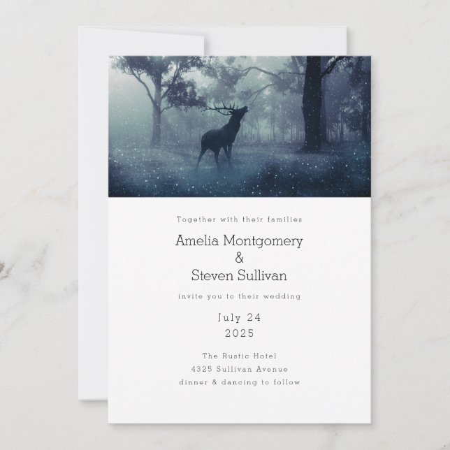 Deer with Antlers in Shadowy Forest Wedding Invitation (Front)