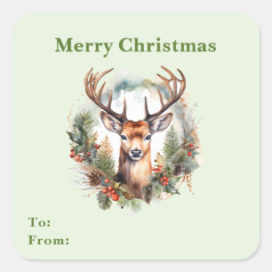 Deer with Antlers Rustic Merry Christmas To & From Square Sticker