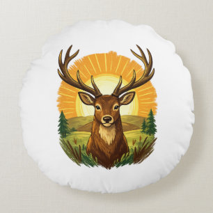 Deer with Antlers Sunset Forest Hunter Gift Round Cushion