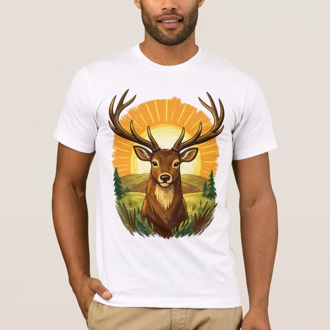 Deer with Antlers Sunset Forest Hunter Gift T-Shirt (Front)