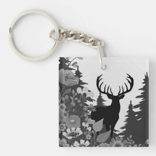 Deer with Big Rack Out of Forest  Key Ring