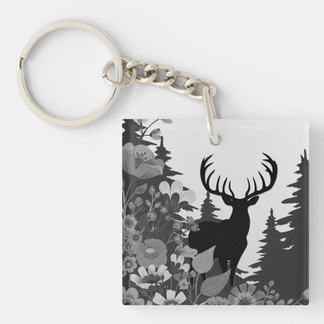 Deer with Big Rack Out of Forest  Key Ring (Front)