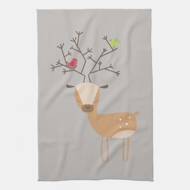 Deer with Birds Tea Towel (Vertical)