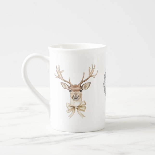 Deer with Bow Christmas  Bone China Mug (Left)
