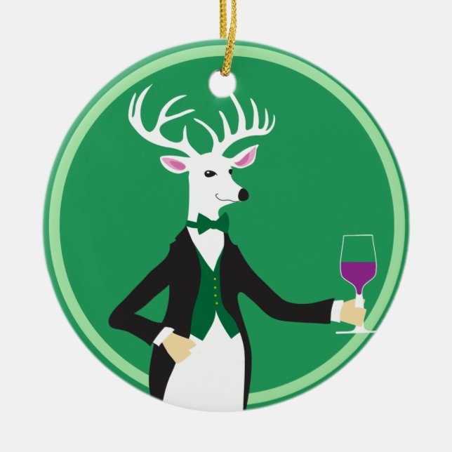Deer with Champagne Toast Ceramic Tree Decoration (Front)