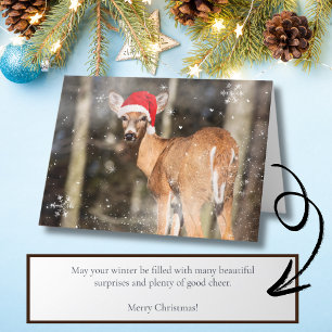 Deer with Christmas Hat in the Snow Whimsical   Holiday Card