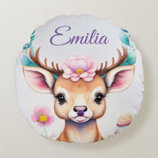 Deer with Flowers - Watercolor Kids Motif Round Cushion