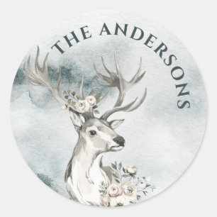 Deer with Flowers Watercolor Small Round Labels