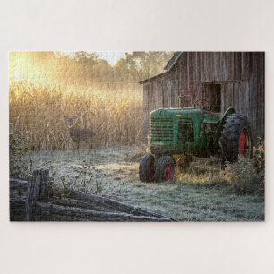 Deer with Green Vintage Tractor and Barn Jigsaw Puzzle