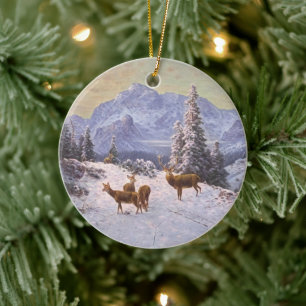 Deer with herd in winter, Christmas Tree Ceramic Tree Decoration