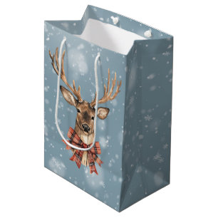 Deer With Plaid Bow Christmas Snow Falling Medium Gift Bag