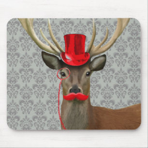 Deer With Red Hat and Moustache Mouse Pad