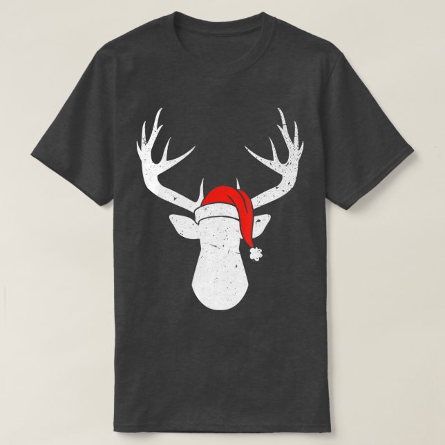 Deer With Santa Hat Christmas Pajama Hunting Hunte T-Shirt (Design Front)