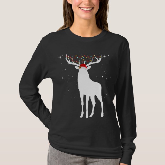 Deer With Santa Hat Lights Christmas Pajama Huntin T-Shirt (Front)