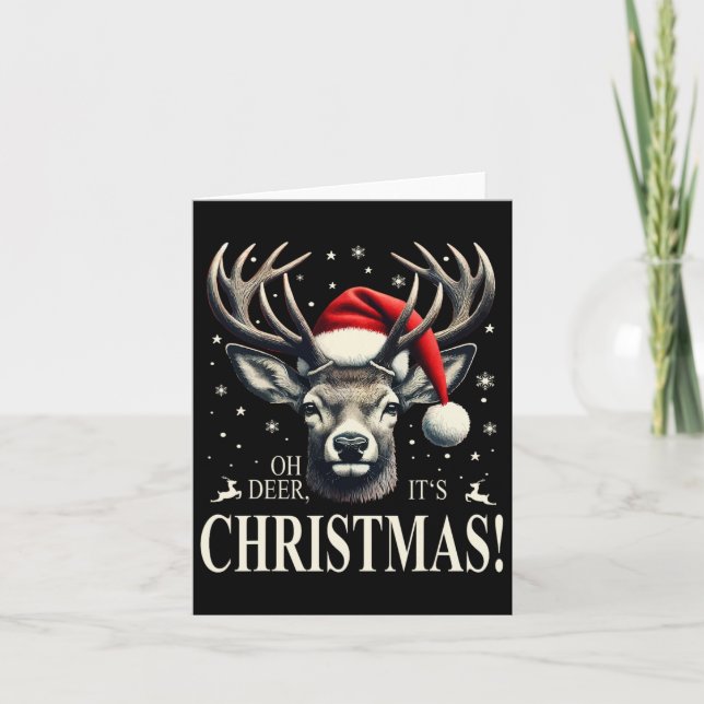 Deer With Santa Hat Oh Deer It's Christmas  Card (Front)