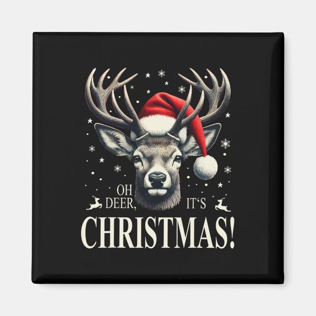 Deer With Santa Hat Oh Deer It's Christmas  Magnet (Front)