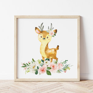 Deer, Woodland Animals, Boho, Pink Flowers Photo Print