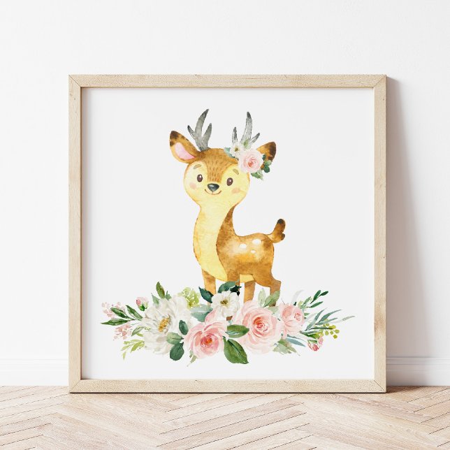 Deer, Woodland Animals, Boho, Pink Flowers Photo Print (Creator Uploaded)