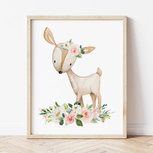 Deer, Woodland Animals, Boho, Pink Flowers Photo Print
