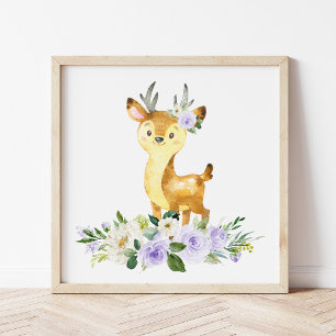 Deer, Woodland Animals, Boho, Purple Flowers Photo Print