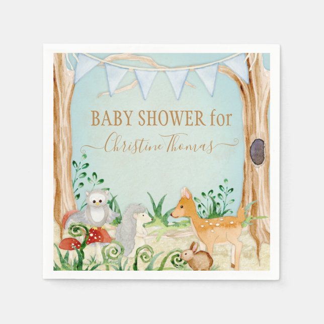 Deer Woodland Animals Hedgehog Owl Boy Baby Shower Napkin (Front)