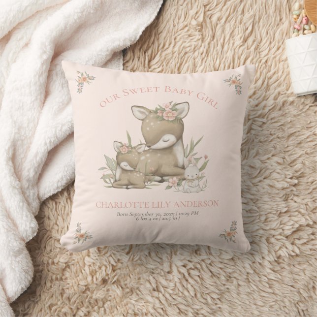 Deer Woodland Baby Girl Birth Stats Nursery Decor Cushion (Blanket)