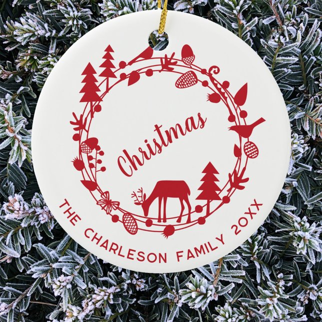Deer Woodland Wreath Personalised Christmas Ceramic Tree Decoration (Woodland forest wreath red and white personalized family name date text Christmas ornament)