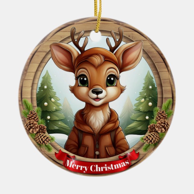 Deer Xmas Character Reindeer Animal Christmas  Cer Ceramic Tree Decoration (Front)