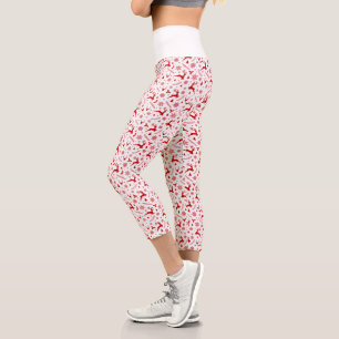 Deers and Snowflakes White & Red Christmas Pattern Capri Leggings