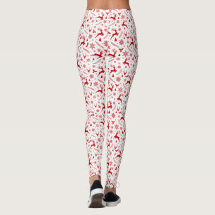 Deers and Snowflakes White & Red Christmas Pattern Leggings