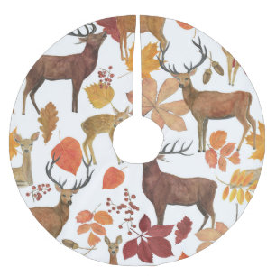 Deers, autumn leaves: watercolor pattern. brushed polyester tree skirt