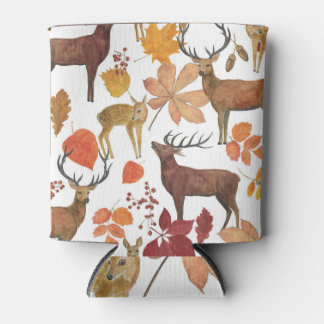 Deers, autumn leaves: watercolor pattern. can cooler
