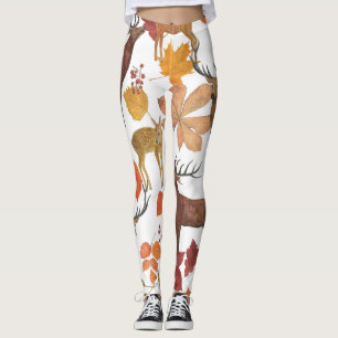 Deers, autumn leaves: watercolor pattern. leggings