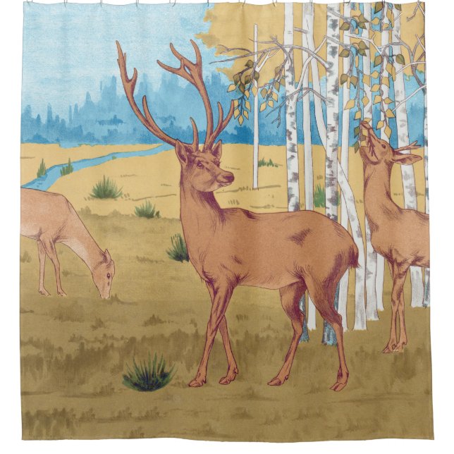 Deers in Forest Vintage Animal Shower Curtain (Front)