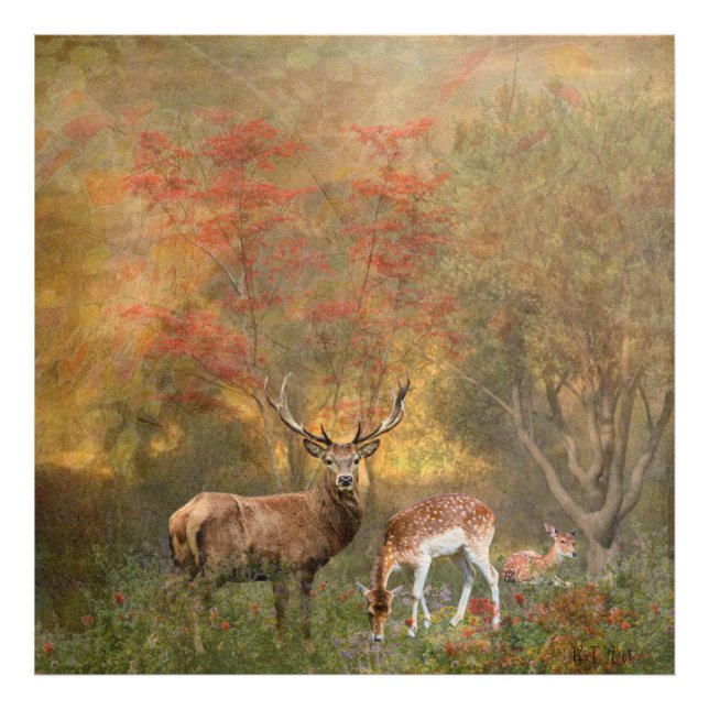 Deers in the autumn forest  tapestry poster tripty (Front)