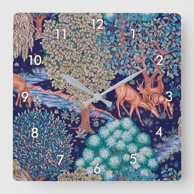 Deers in The Forest, William Morris Square Wall Clock (Front)