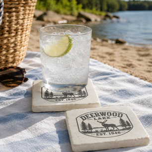 Deerwood Lake Deer Pine Trees Stone Coaster